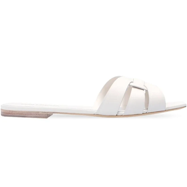 SAINT LAURENT Tribute White Leather Slide Sandals