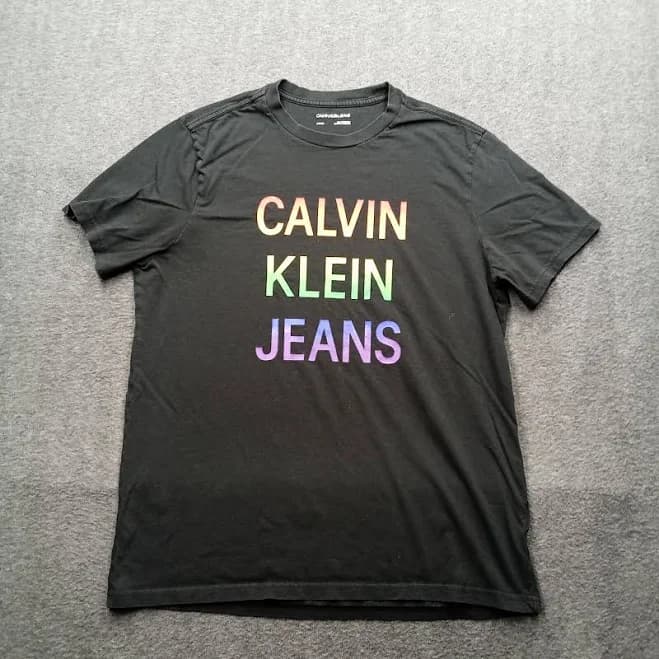 Calvin Klein Shirt Women's Small Black Spell Out Rainbow Logo Causal