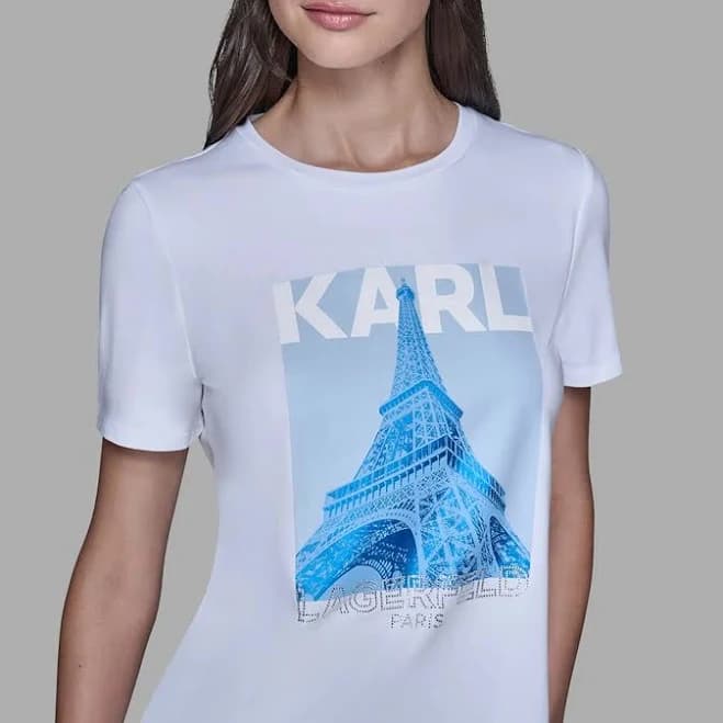 KARL LAGERFELD PARIS Women's Eiffel Tower Round Neck Short Sleeve Tee