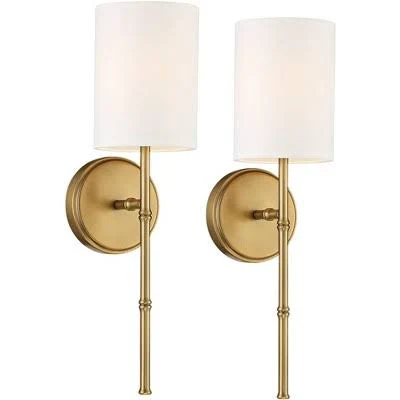 Regency Hill Abigale Modern Wall Light Sconces Set of 2 Brass Hardwire 5" Fixture White Fabric Shade for Bedroom Reading Living Room Hallway House