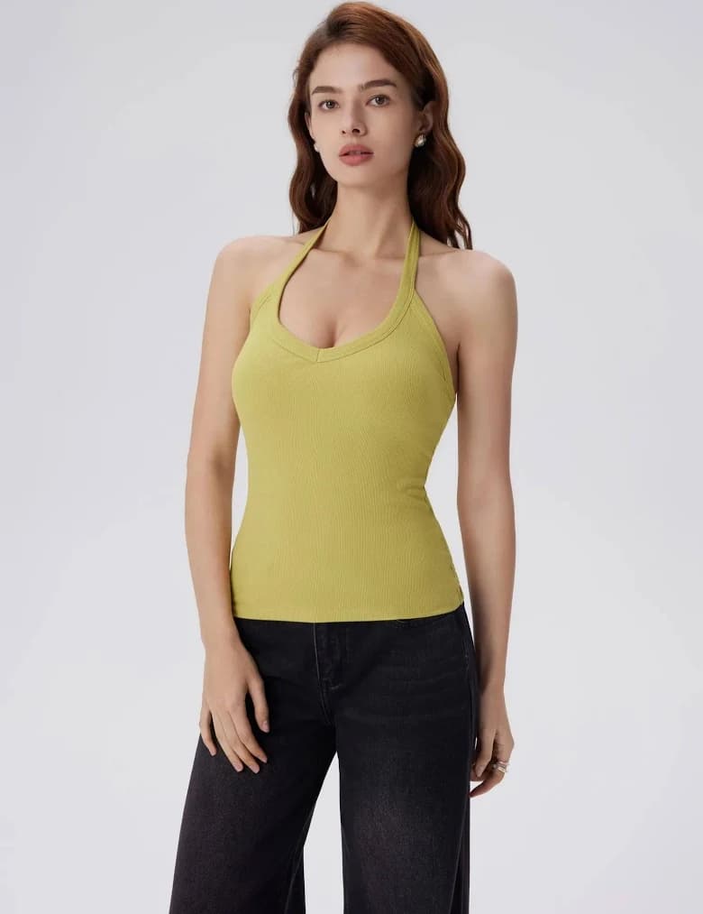 Cotton Ribbed V Neck Halter Tank Top
