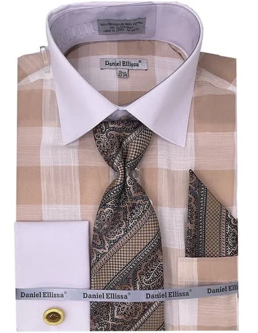 French Cuff Men's Check Printed Dress Shirt Set