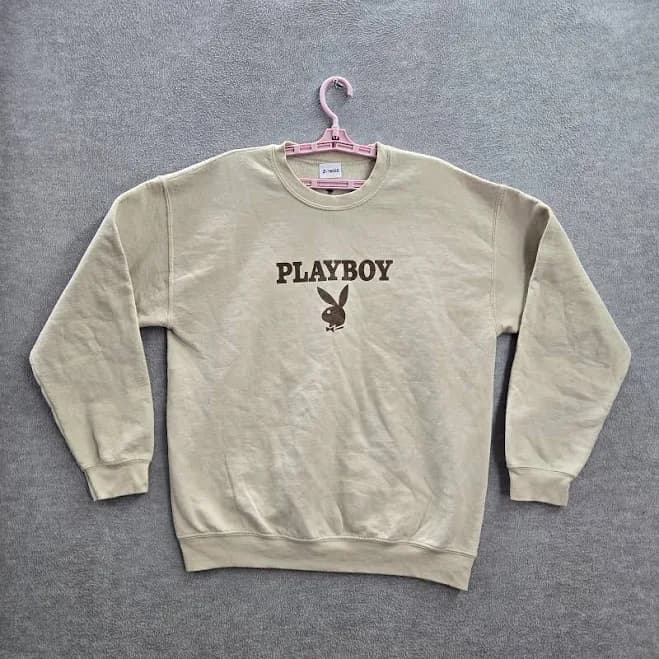 Playboy Men Sweatshirt L Beige Long Sleeve Logo Cotton Polyester Read