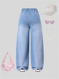 Amazon.com: WDIRARA Girl's Cute Bow High Elastic Waisted Denim Pants Basic Baggy Wide Leg Jeans Light Wash 8 Years: Clothing, Shoes & Jewelry