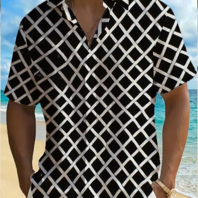 Men's Geometric Diamond Lattice Short Sleeve Button-Up Shirt