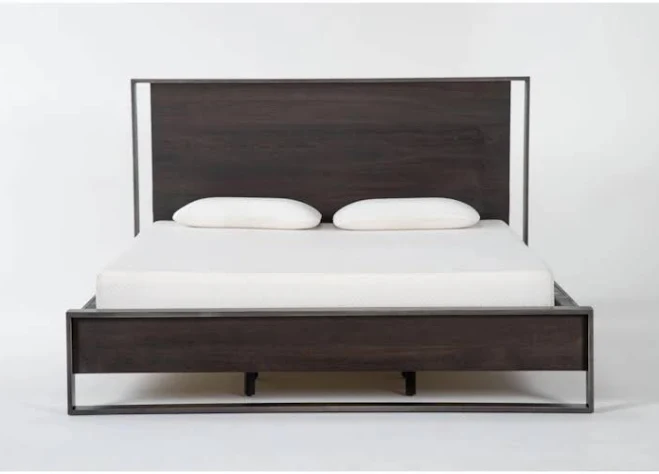 Queen Bed - Lars Brown Wood & Metal Panel with LED Lights | Adjustable Base Compatible 64.75"W x 87.44"D x 50"H at Living Spaces