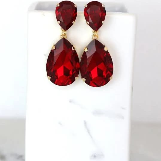 Oversize Drop Earrings with Red Ruby Crystal