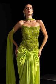 Buy Lime Satin, Mesh Embroidery, Stones Bandeau Venom Neon Corset And Draped Skirt Set For Women by Vesture Online at Aza Fashions in AE