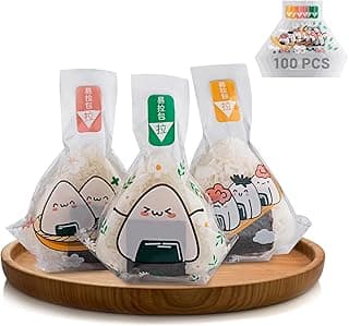 Choxila Triangle Onigiri Wrappers Plastic Rice Balls Bags, 100PCS Japanese Easy Tear Disposable Onigiri baggies with Stickers