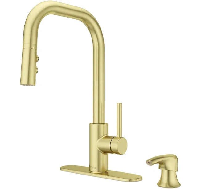 Pfister Zanna Single Handle Pull Down Sprayer Kitchen Faucet with Deckplate and Soap Dispenser F-529-7ZNR