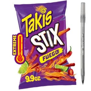Takis Fuego Stix 9.9 oz Sharing Size Bag, Hot Chili Pepper & Lime Flavored Extreme Spicy Corn Snack Sticks with pan, Size: 1 oz