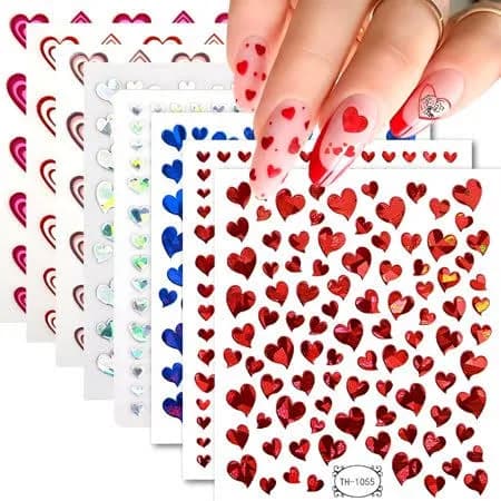 8 Sheets Heart Nail Art Stickers,Valentine's Day Nail Stickers 3D Self-Adhesive Nail Decals, Heart DIY Manicure Decoration Supplies Accessories for