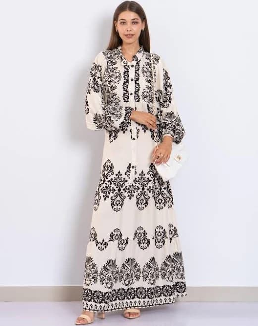 Viscose Baroque Print Maxi Dress with Puffy Sleeves