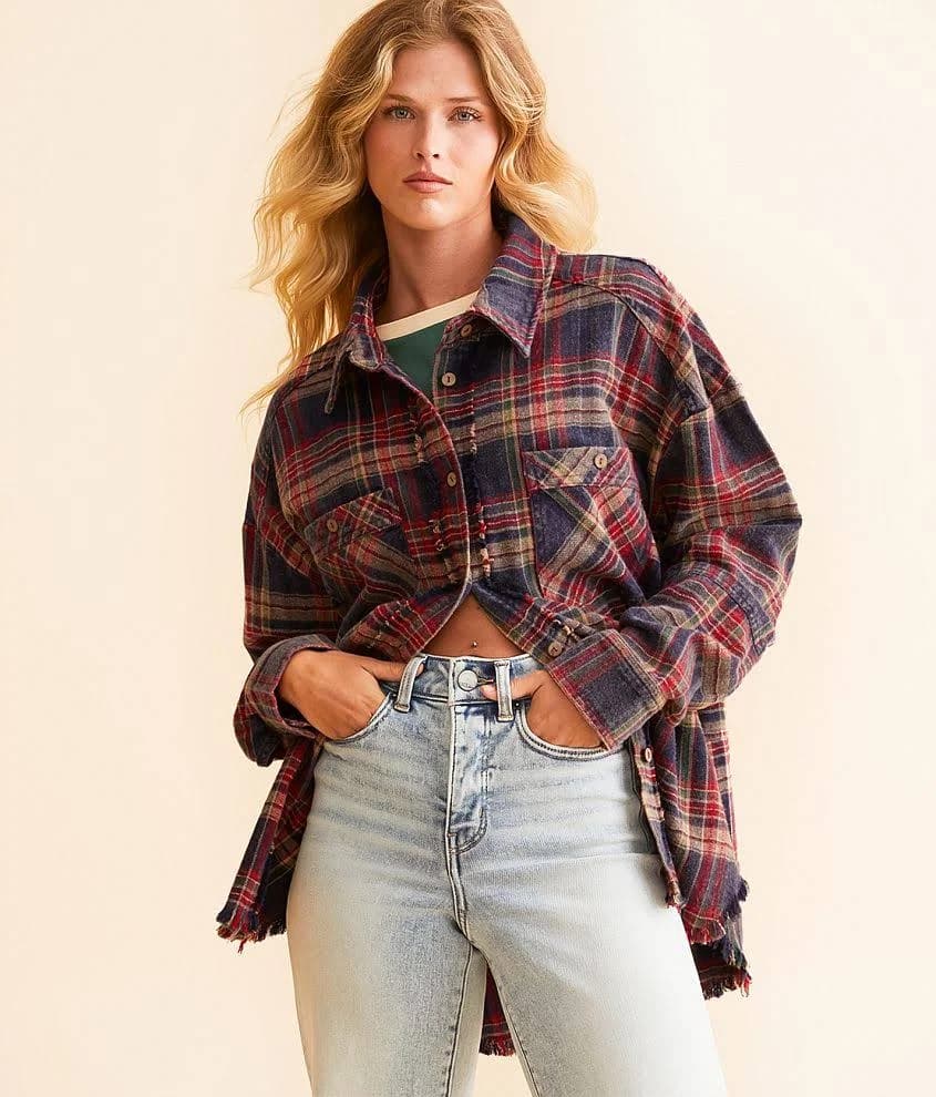BKE Women's Cotton Washed Flannel Boyfriend Shirt with Buckle