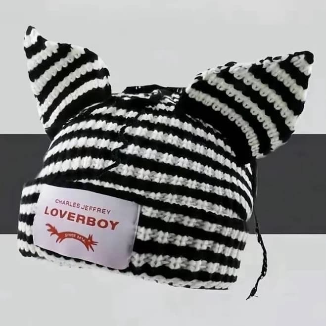 Cute Striped Cat Ears Beanie Hat, Loverboy Casual Fashion Soft