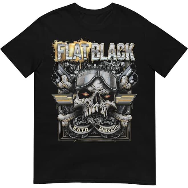 Official Flat Black Store Distressed Motoskull and Gears Tee