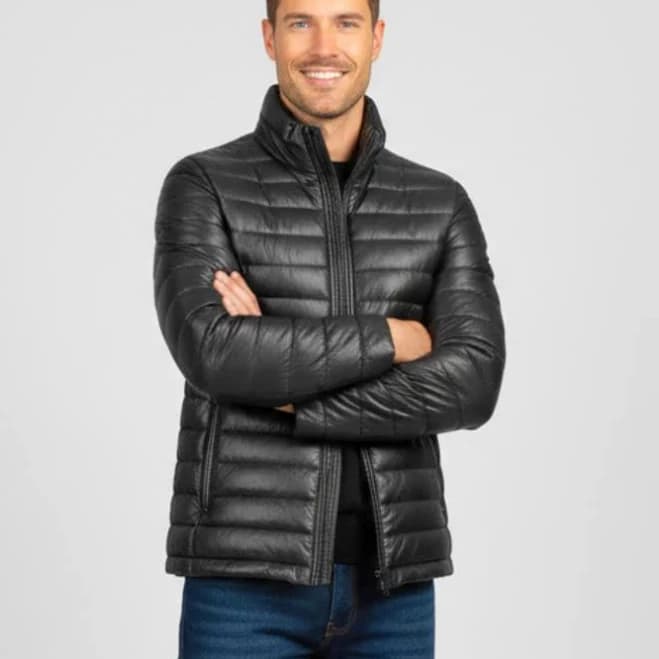 Men's Down-Filled Lambskin Leather Puffer Jacket