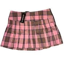 Dolls Kill Pink Plaid Pleated Mini Skirt with Black & Brown Accents