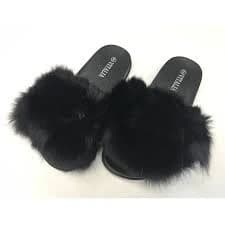 Women's Fluffy Fur Open Toe Slides Comfy Furry Slippers Sandal Black 9