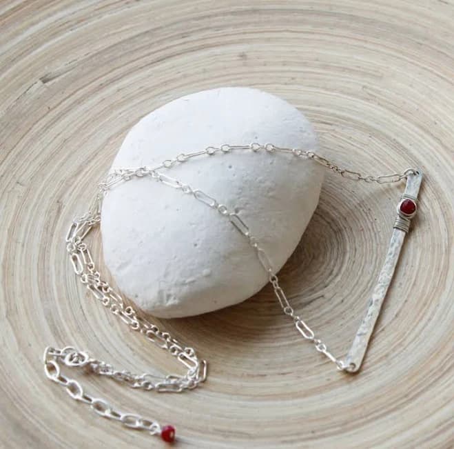 Sterling Silver Hammered Gemstone Bar Necklace