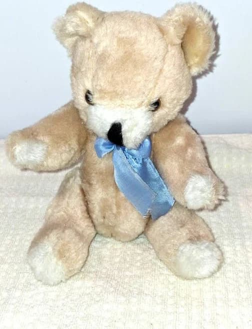 Vintage Light Brown Teddy Bear Plush 10" Stuffed Toy W Blue Ribbon Bow