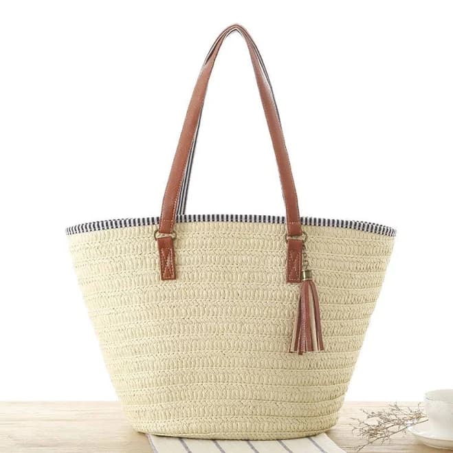 Tassel Zipper Straw Tote Shoulder Bag