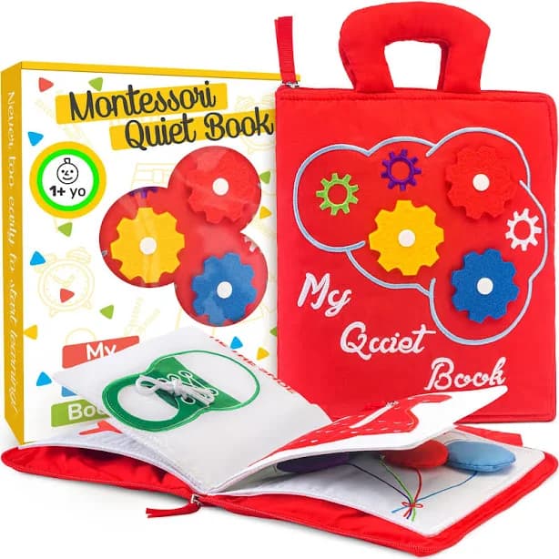 Quiet Book for Toddlers - Montessori Basic Skills Activity - Soft Travel Toy & Educational Busy Book (Red)