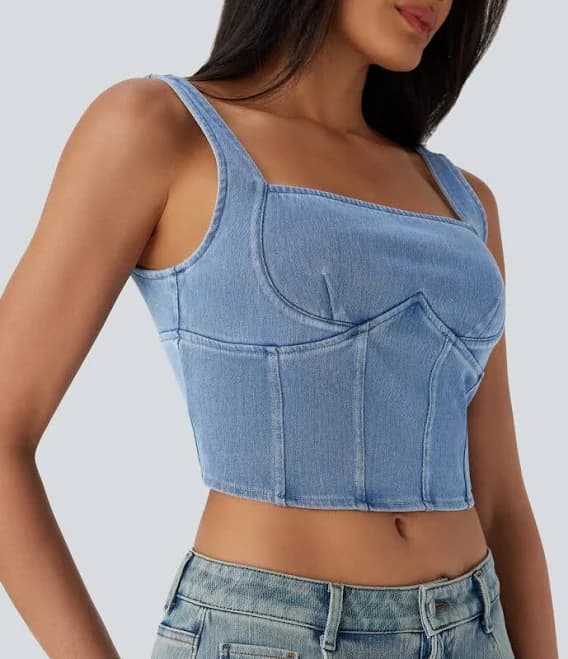 Halara Halara Flex Square Neck Corset Cropped Denim Tank Top