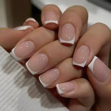 Trianu 24 Pcs Press on Nails Short Medium Square Glue on Nails White And Pink, French Manicure Fake Nails Short Coffin Acrylic Nails Press on Fall Winter Gel Nails for Women and
