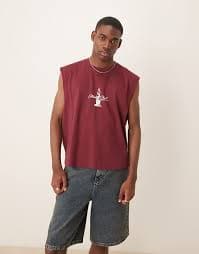 ASOS DESIGN boxy oversized tank with front and back print in burgundy | ASOS