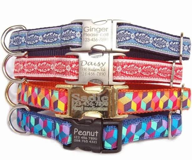 Laser Engraved Dog Collar: Personalized Metal Buckle, Adjustable Pet ID Tag Geometric Red Blue