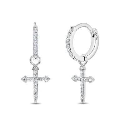 In Season Jewelry 925 Sterling Silver Clear CZ Cross Hoop Dangle Earrings