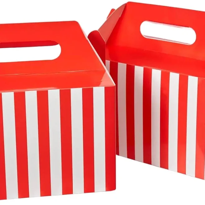 Red and White Striped Large Party Gift Boxes with Handles, 9x6x6 Recyclable Paper Lunch Boxes for