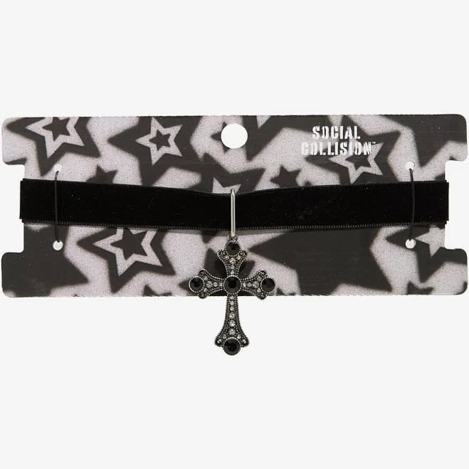 Social Collision Rhinestone Cross Velvet Choker