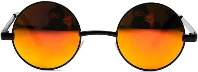 Round Sunglasses Red Mirror Lens 43mm Black Metal Frame One Pair Small