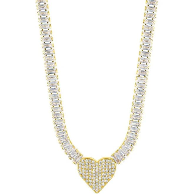 Adornia Women's 14K Gold Plated Baguette Tennis Necklace with Pave Heart Pendant