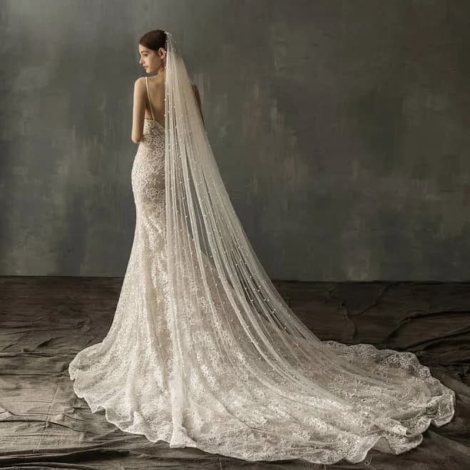 Pearl Cathedral Length Bridal Veil with Metal Comb