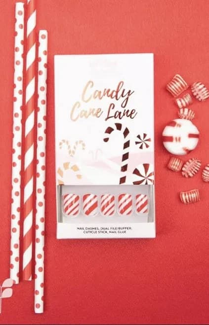 Red Aspen Candy Cane Lane Nail Dashes 24 Press On Nails Shiny Square