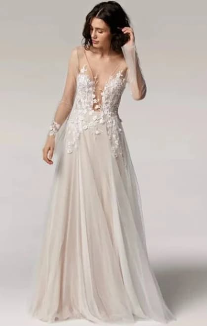 Flowy Ethereal Tulle Lace Applique Illusion A-Line Wedding Dress