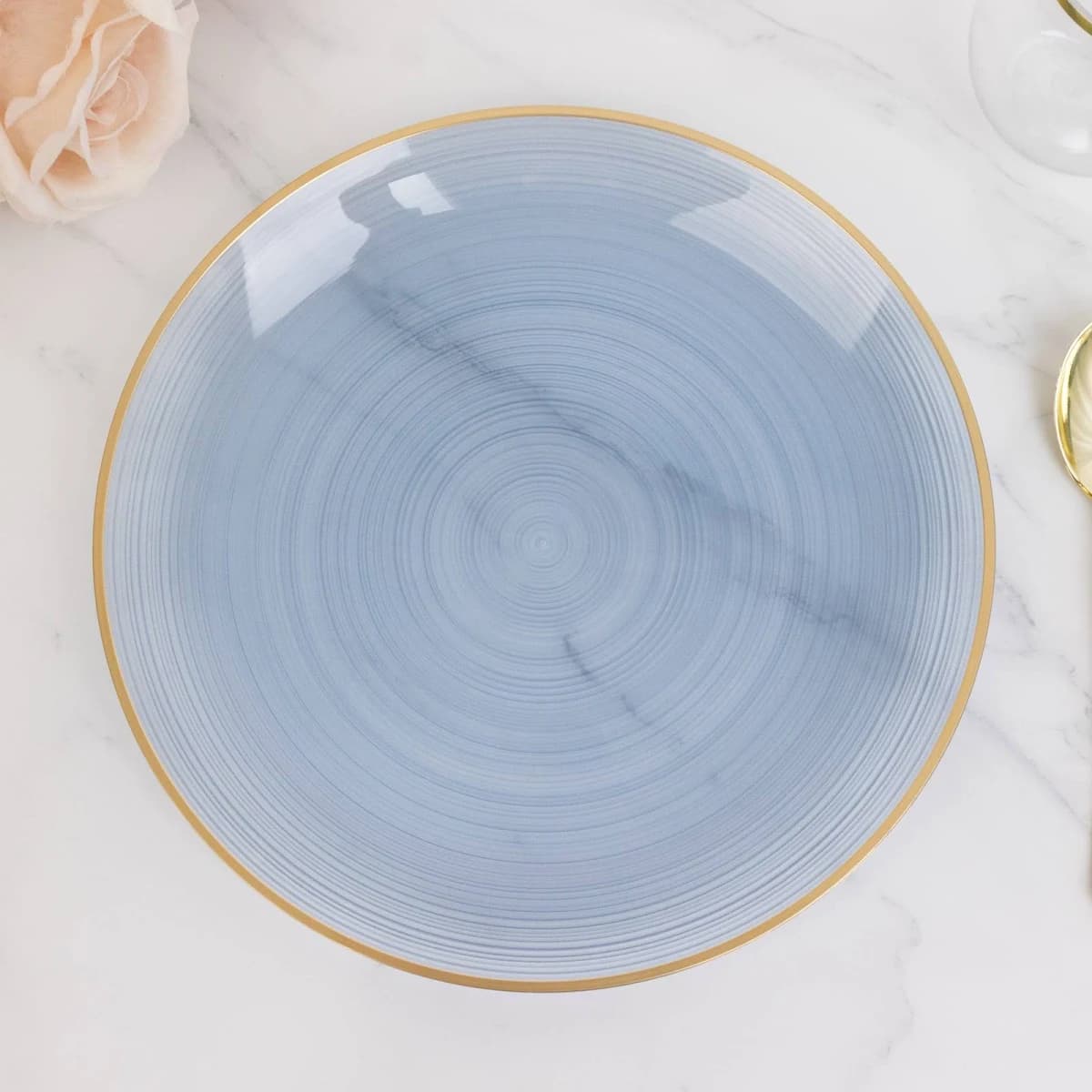 20-Pack Plastic Dinner Plates 10" Round Transparent Dusty Swirl With Gold Rim – Crystal-Like Elegant Party