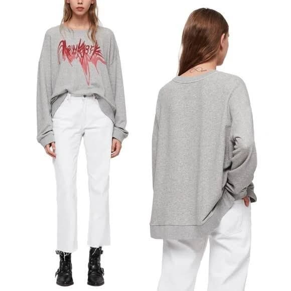 All Saints Sweater Gray Red NYC York City Graffiti Oversized Crewneck XS