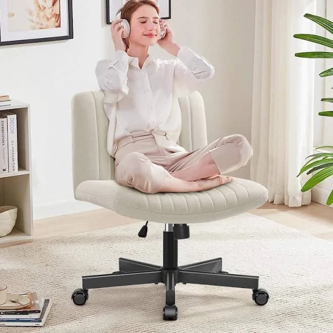 KERDOM - Armless Office Chair with Wheels, Ergonomic Wide Seat Fabric Cross Legged Desk Chair, Home Office Swivel Computer Chair - Beige