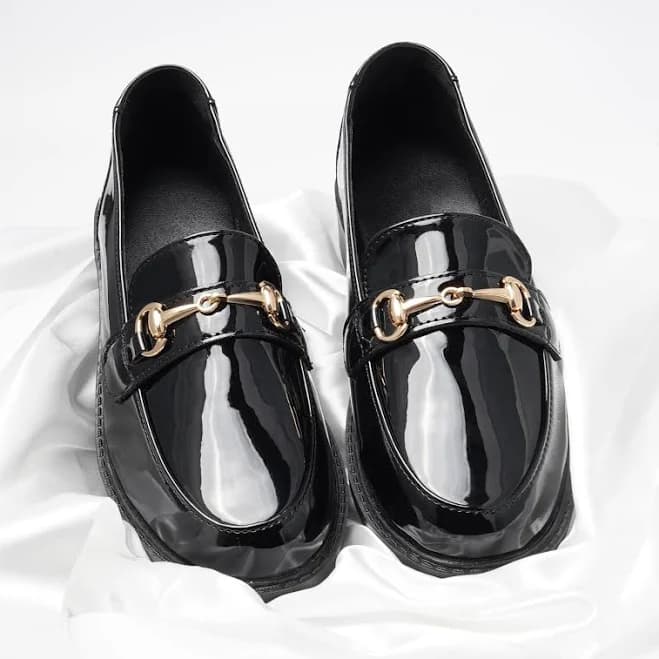 Shiny Black Patent Loafers for Women, Gold Horsebit Detail, Vintage-Inspired Slip-On Flats, Comfortable Dress & Office Shoes