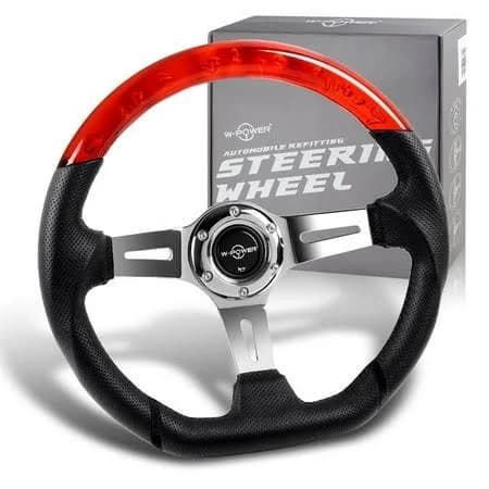 W-power 13.5" Red Crystal Bubble/Leather 6-Hole Chrome 3-Spoke Steering Wheel
