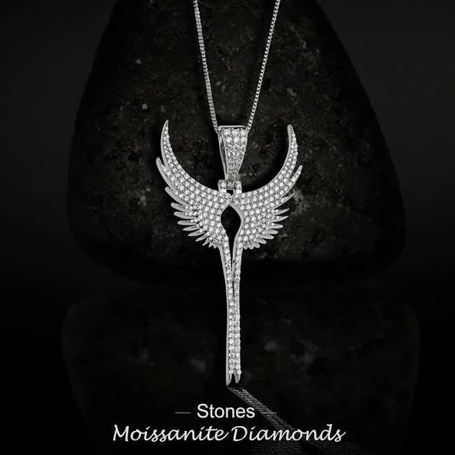 14K White Gold Moissanite Icedout Angel Wings Pendant Necklace
