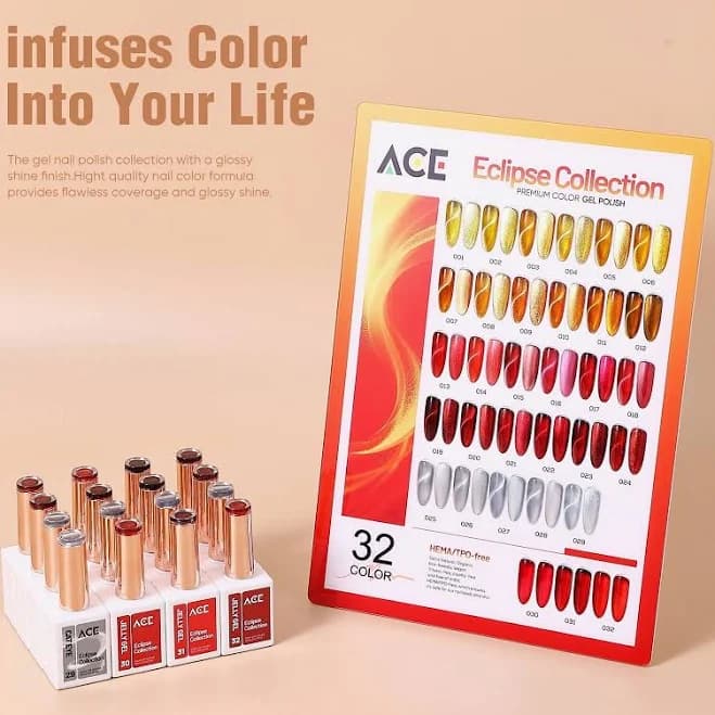 ACE Cateye Magnetic Gel Collection | 32 Red, Gold & Silver Shades | Salon Professional Magnet Nail Polish Set + FREE Swatch & Magnet