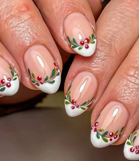 Handmade Christmas Holly Berry French Tip Elegant Press On Nails
