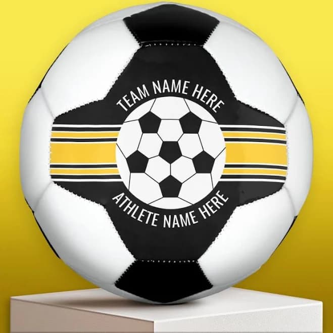 Yellow and Black Team Colors Custom Name Soccer Ball