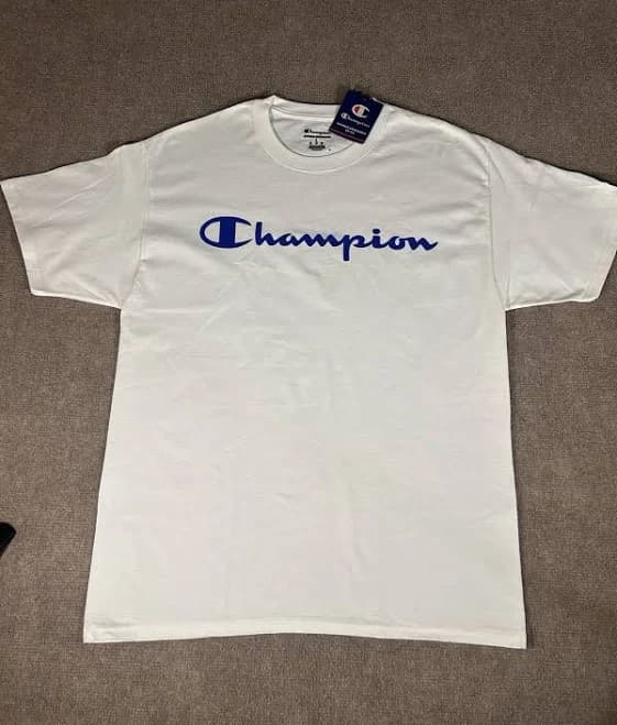 Champion Mens Ss Classic Script Logo T Shirt White/blue Logo