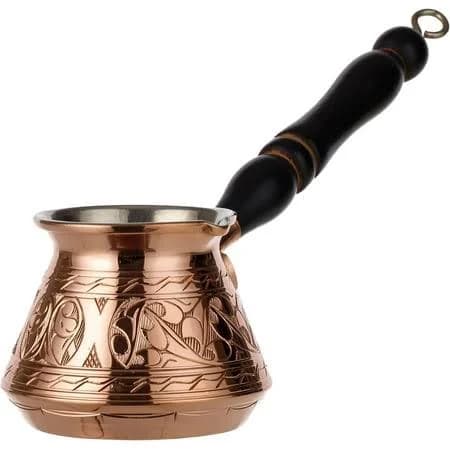 Thickest Copper Turkish Greek Arabic Coffee Pot, Stovetop Maker, Cezve Ibrik Briki with Wooden Handle & Spoon, Hand Engraved
